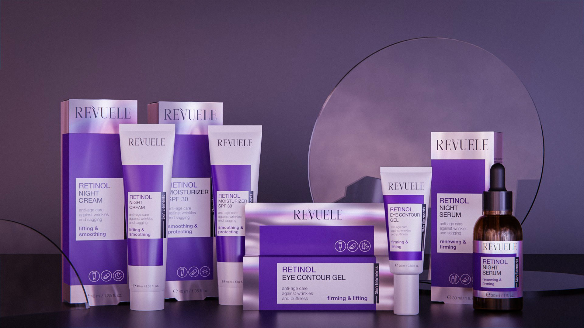 REVUELE RETINOL line — Moisturizer SPF 30, Night Cream, Night Serum and Eye Contour Gel