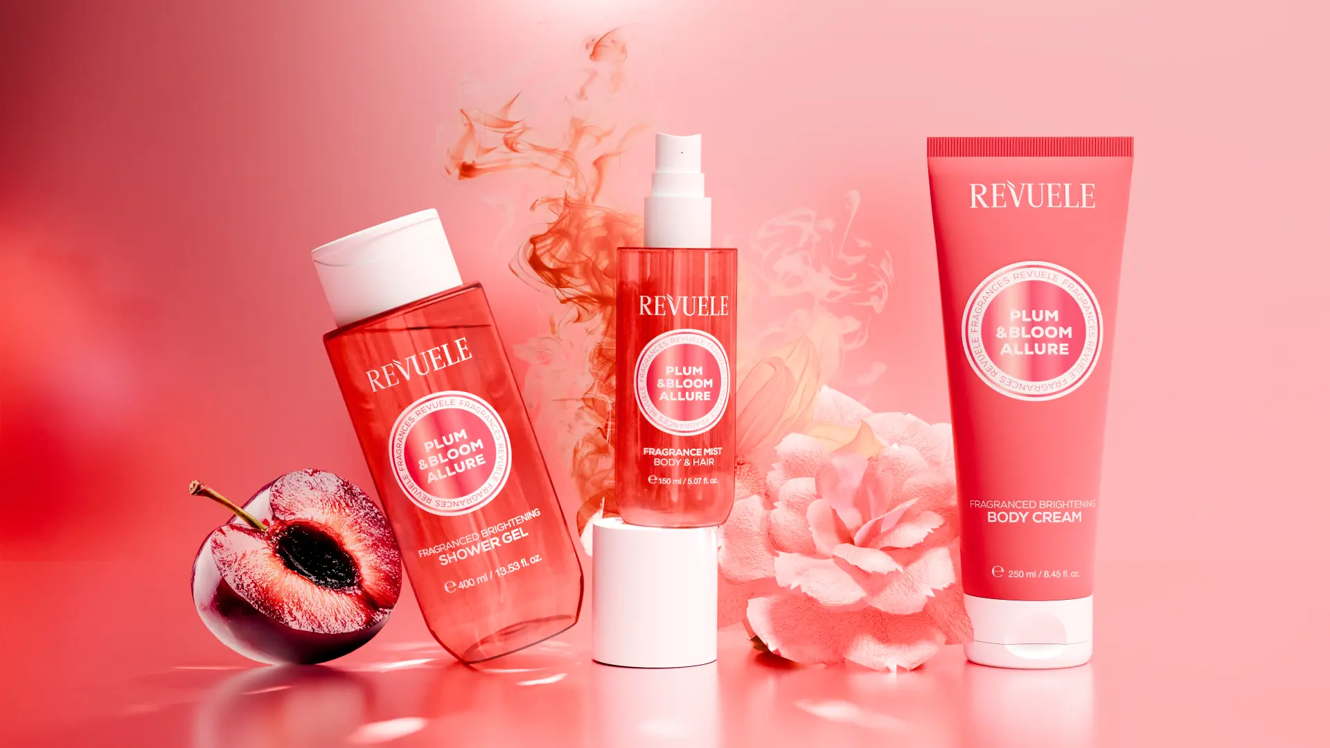 REVUELE Plum & Bloom Allure fragranced trio — shower gel, fragrance mist and body cream