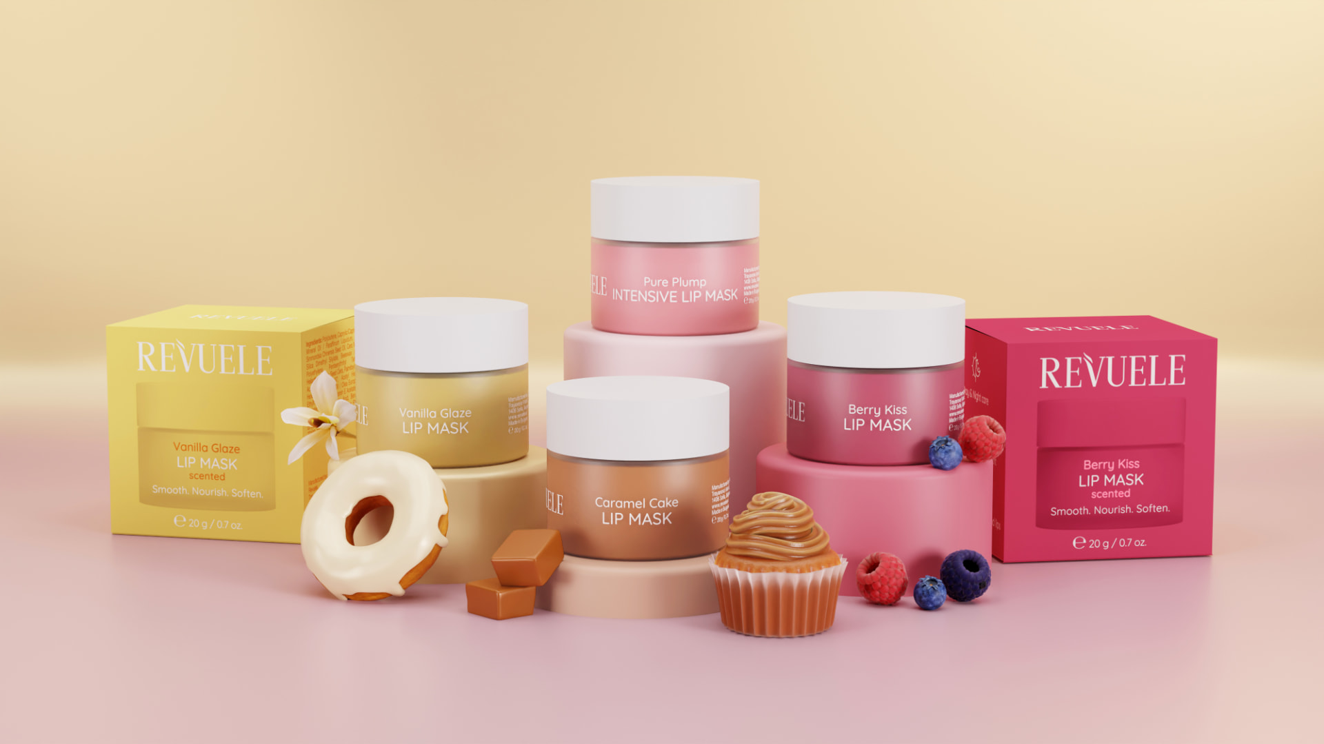 REVUELE LIP MASKS campaign visual — Vanilla Glaze, Caramel Cake, Berry Kiss and Pure Plump