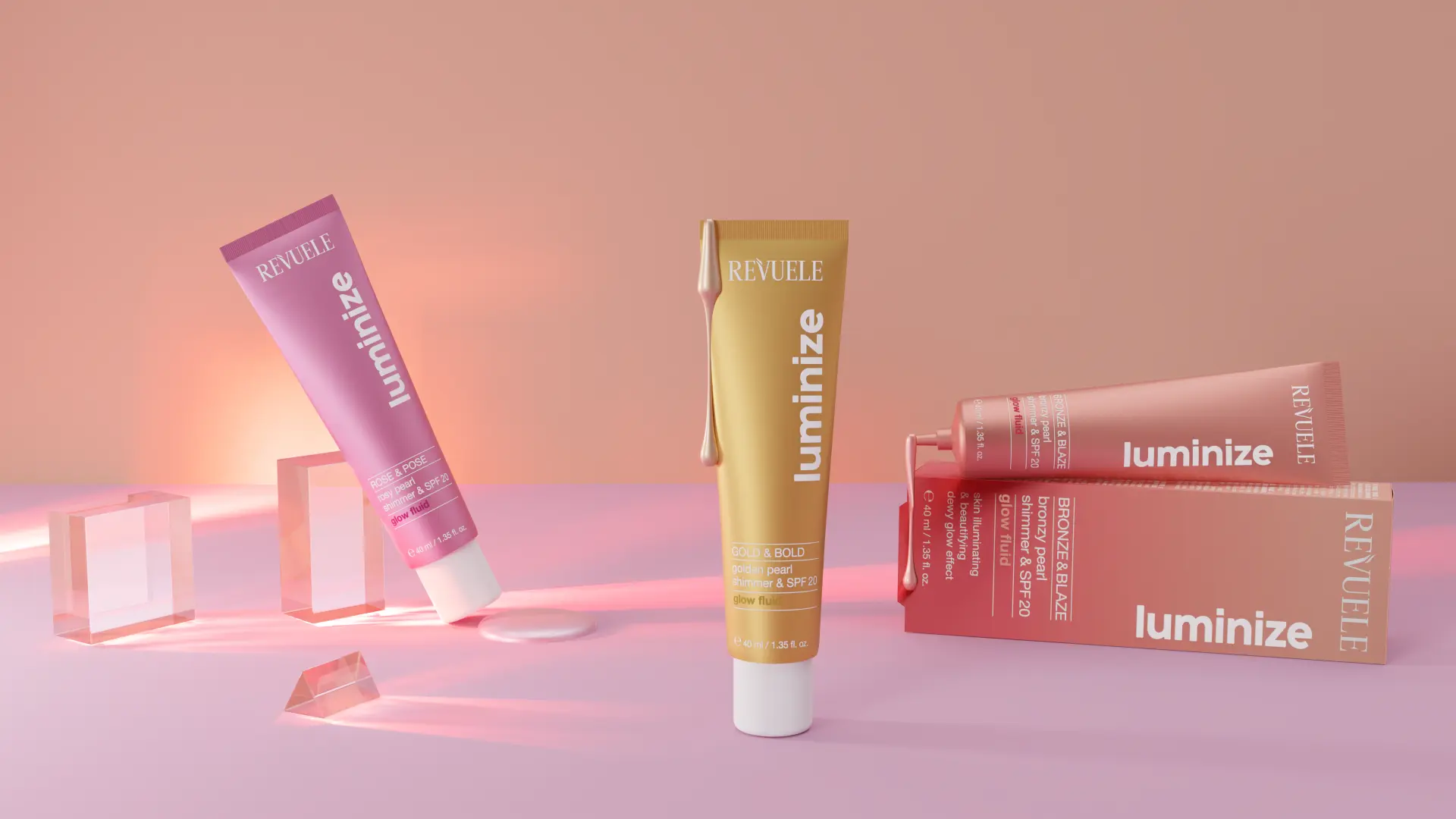 REVUELE luminize GLOW FLUIDS — Rose & Pose, Gold & Bold and Bronze & Blaze