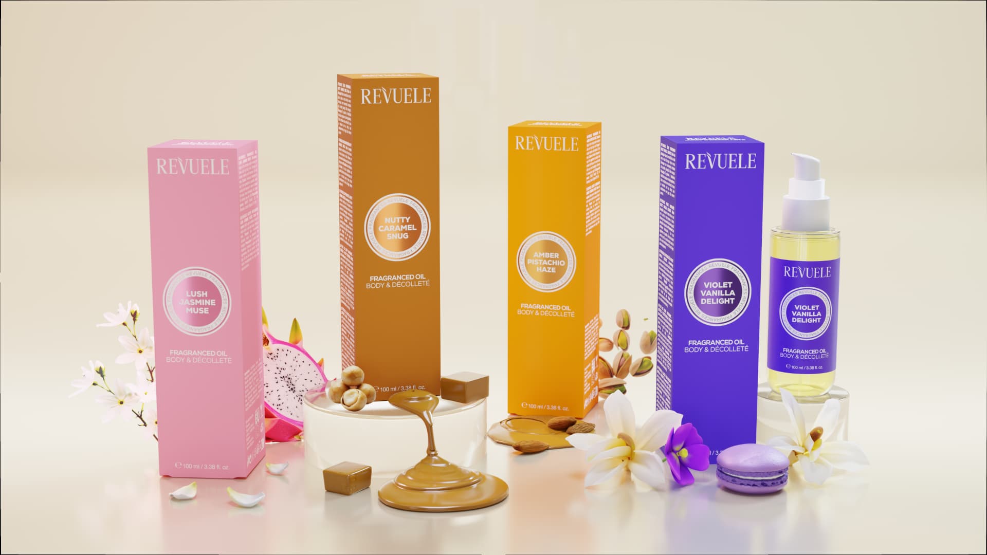 REVUELE FRAGRANCED OILS — Lush Jasmine Muse, Nutty Caramel Snug, Amber Pistachio Haze and Violet Vanilla Delight