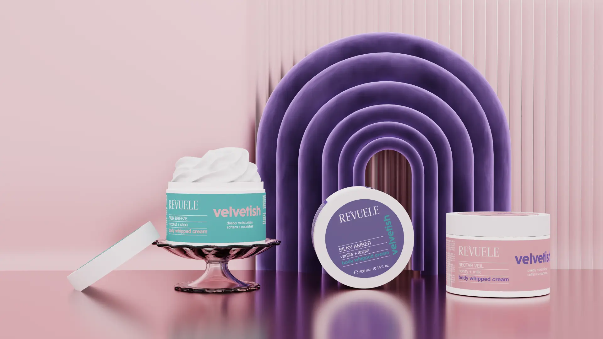 REVUELE VELVETISH body whipped creams — Palm Breeze, Silky Amber and Nectar Veil