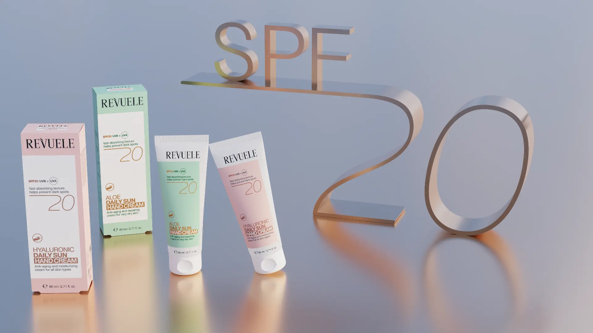 REVUELE DAILY SUN HAND CREAMS SPF 20 — Aloe and Hyaluronic