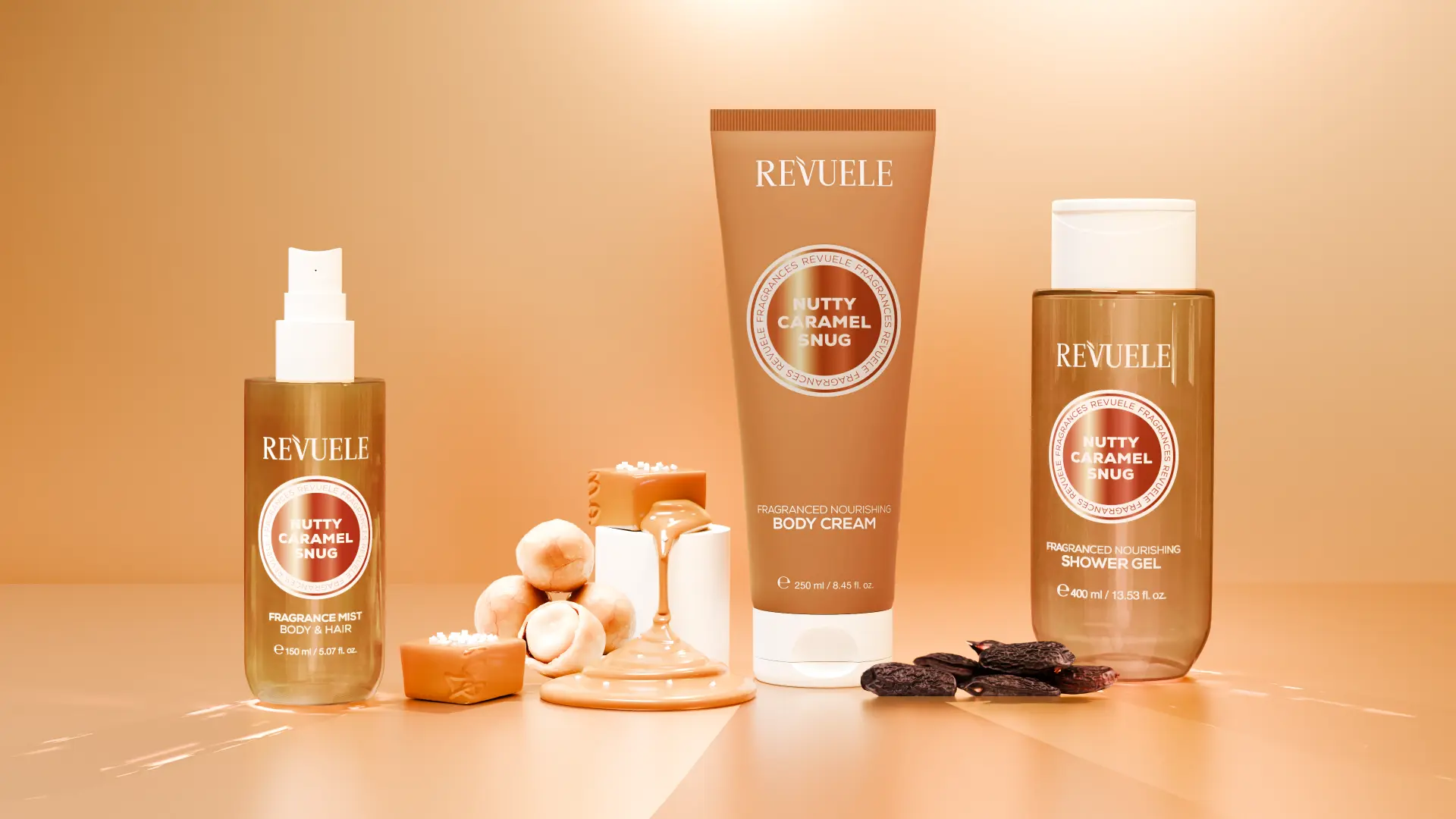 REVUELE Nutty Caramel Snug fragranced trio — fragrance mist, body cream and shower gel