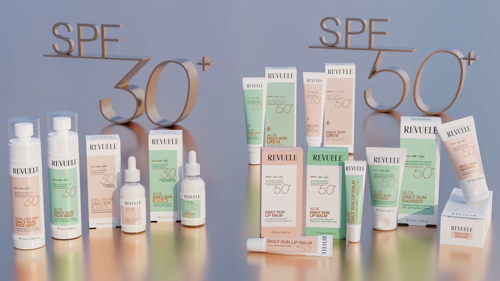 REVUELE DAILY SUN SPF 30 and SPF 50+ face mists, serums, fluids, barriers and lip balms