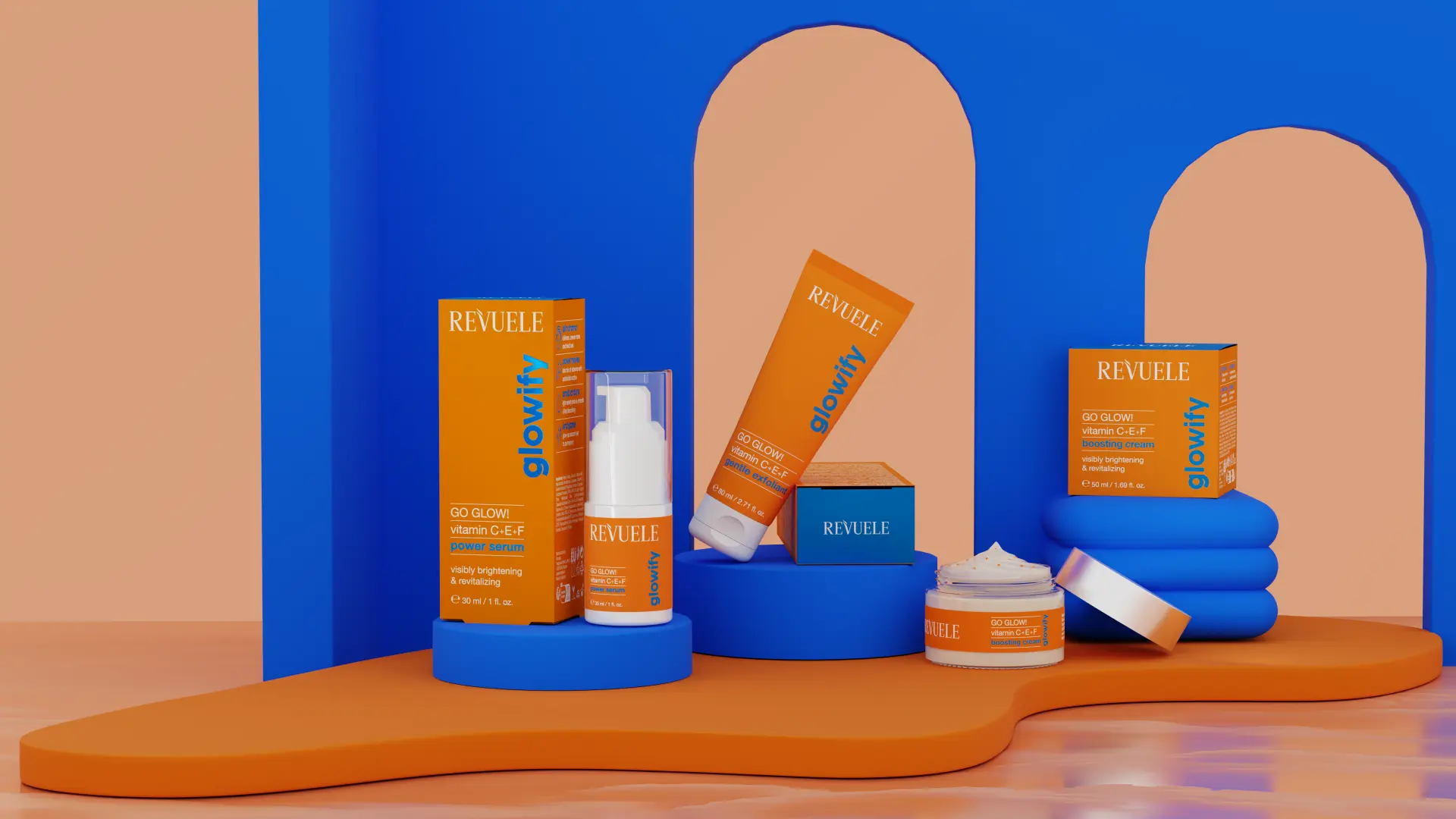 REVUELE GO GLOW! line — vitamin C+E+F Power Serum, Gentle Exfoliant and Boosting Cream