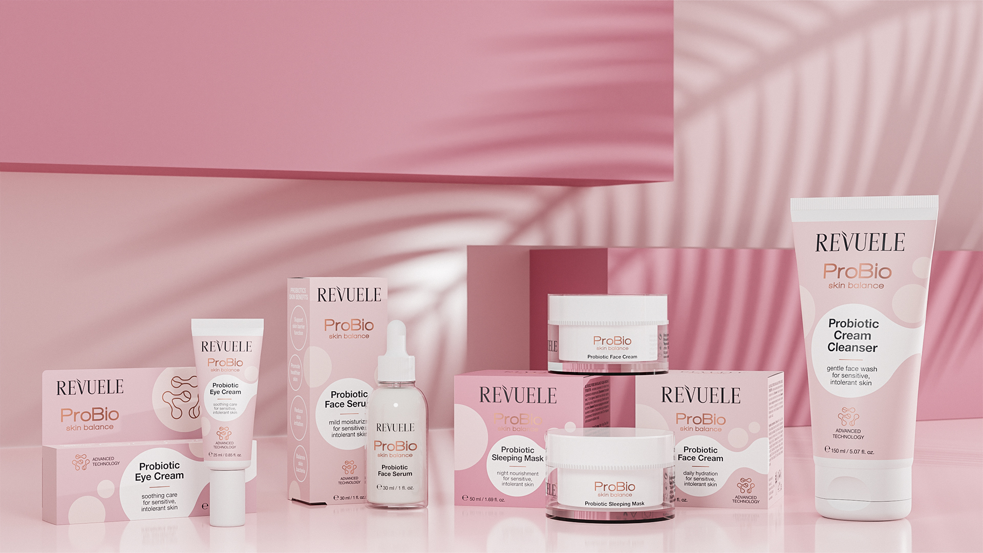 REVUELE PROBIO SKIN BALANCE range — cream cleanser, face cream, eye cream, face serum and sleeping mask