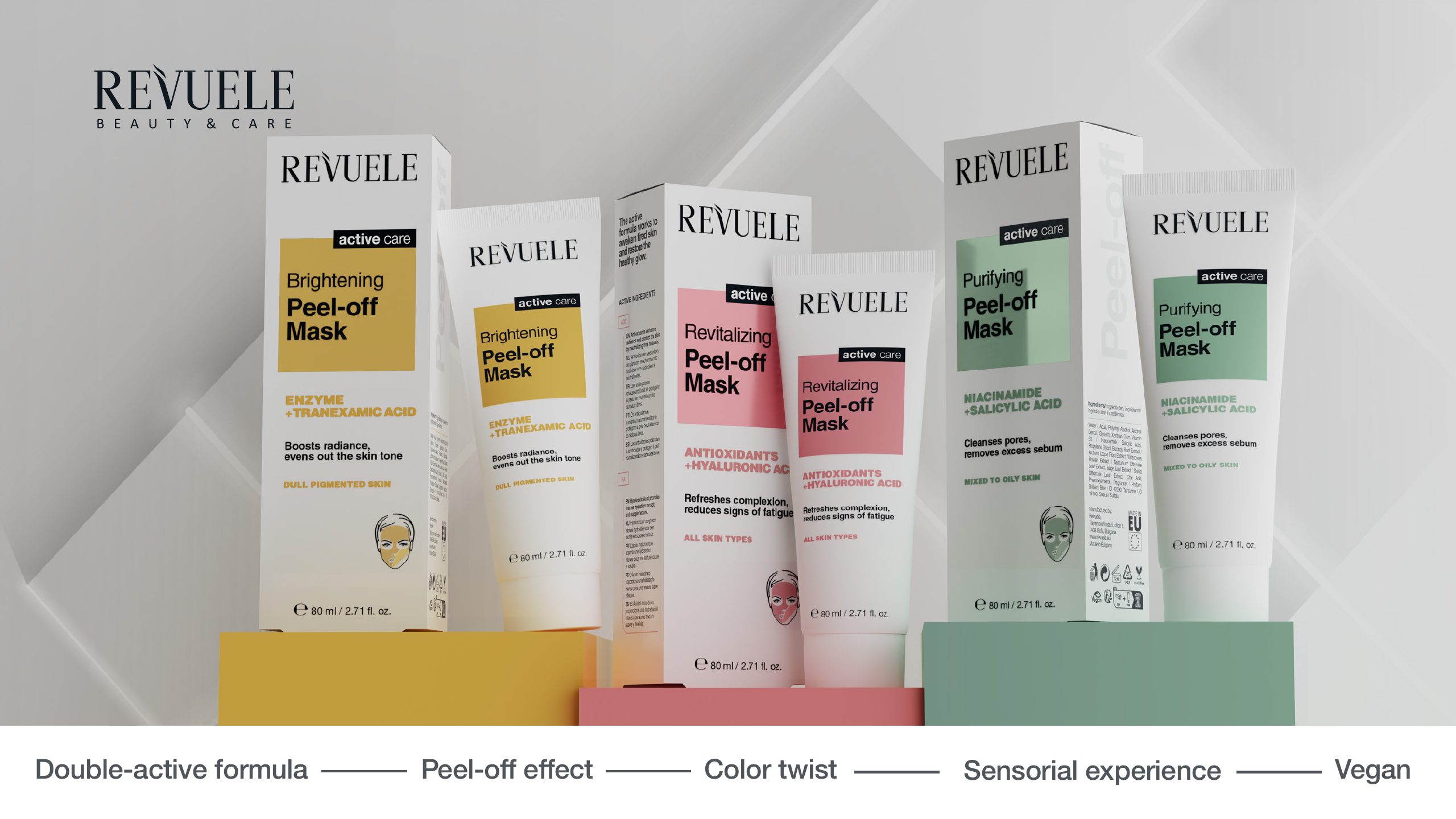 The three REVUELE Active Care Peel-Off Masks