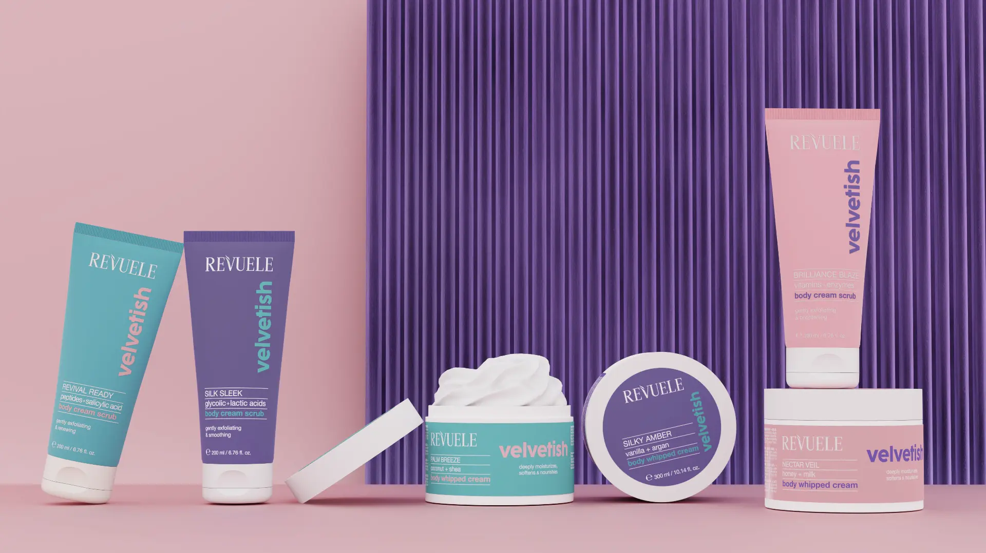 REVUELE VELVETISH body cream scrubs and whipped creams campaign visual