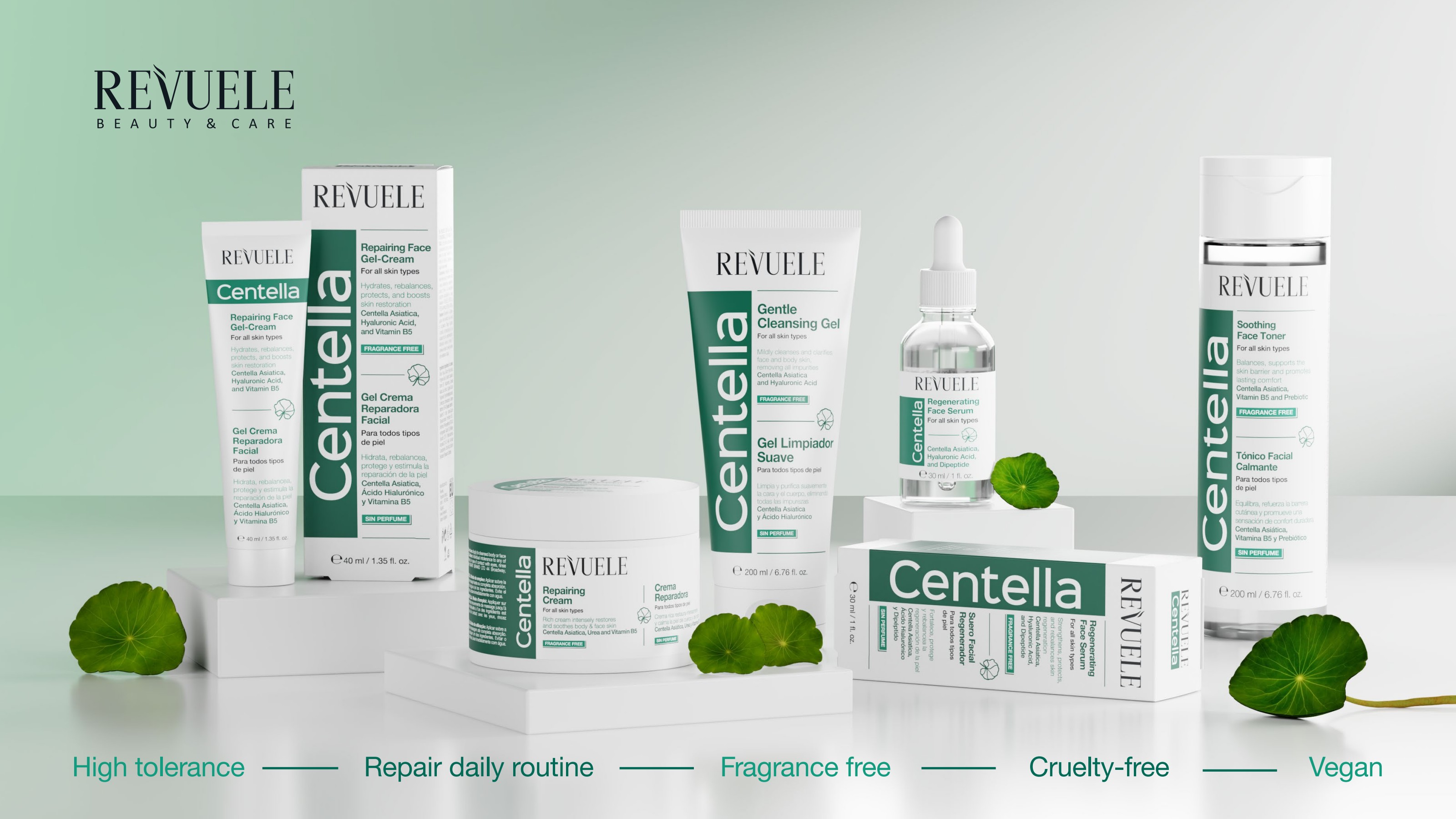REVUELE CENTELLA line — Gentle Cleansing Gel, Soothing Face Toner, Regenerating Face Serum, Repairing Face Gel-Cream and Repairing Cream