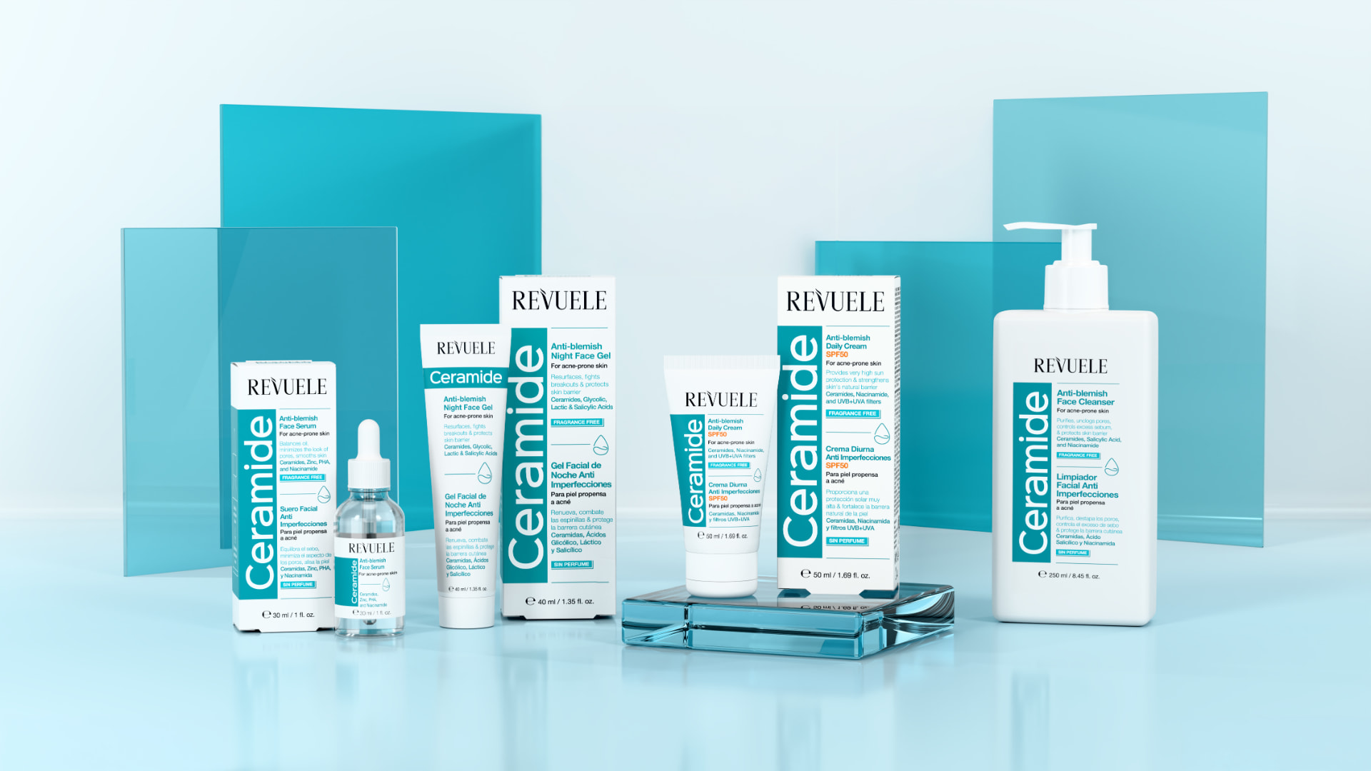 REVUELE CERAMIDE ANTI-BLEMISH line — Face Cleanser, Face Serum, Night Face Gel and Daily Cream SPF50