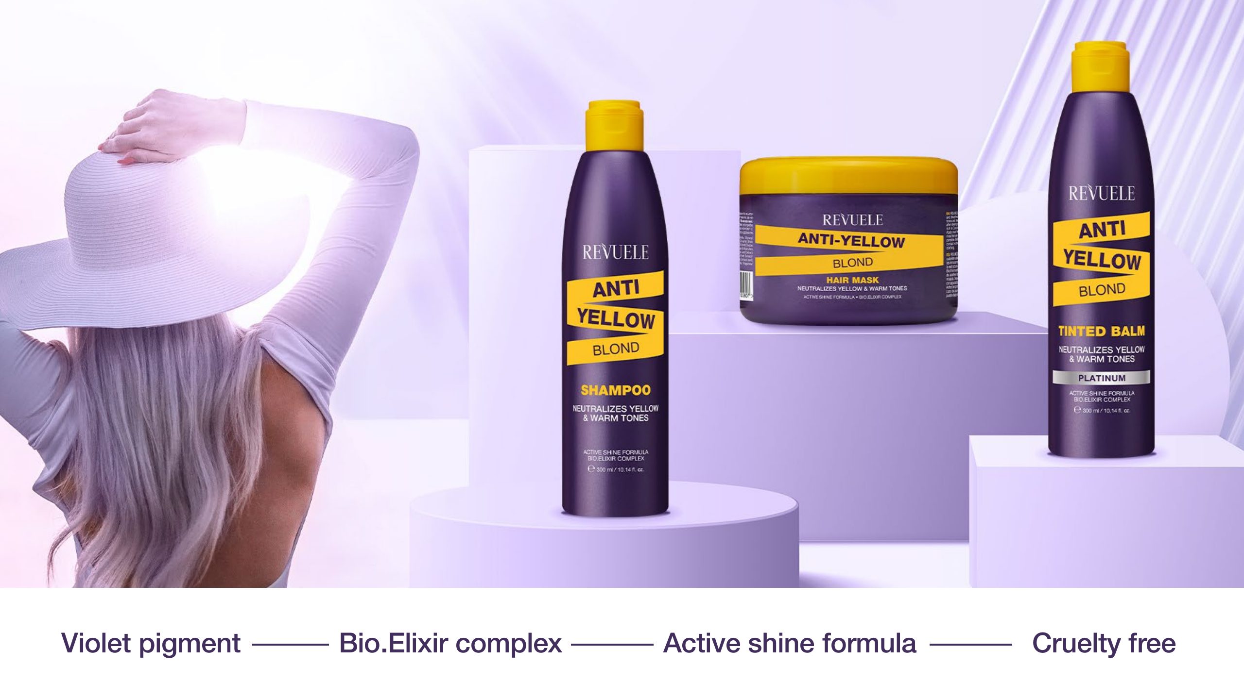 The REVUELE Anti-Yellow Blond shampoo, balm and mask