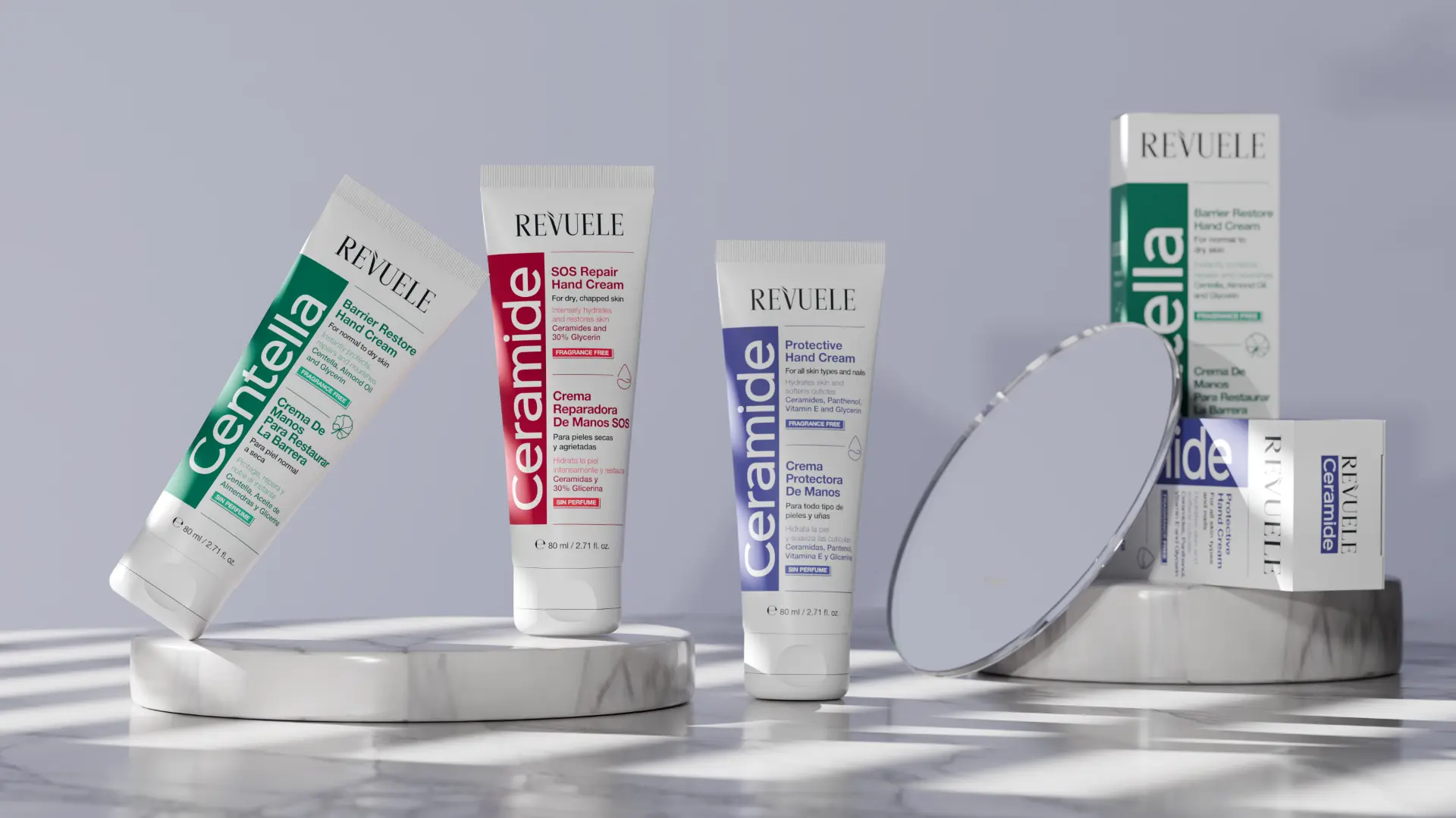 REVUELE hand creams — Centella Barrier Restore, Ceramide SOS Repair and Ceramide Protective