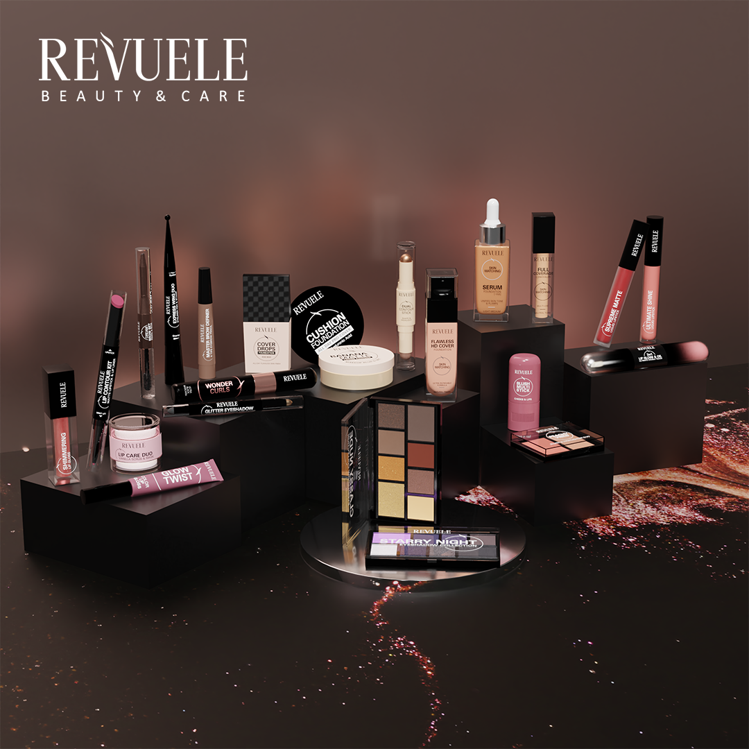 REVUELE makeup line campaign visual with foundations, palettes, lipsticks and brow products