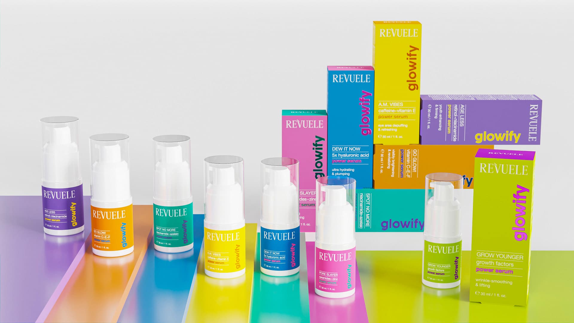 REVUELE POWER SERUMS glowify line — Age Less, Go Glow!, Spot No More, A.M. Vibes, Dew It Now, Pore Slayer and Grow Younger power serums