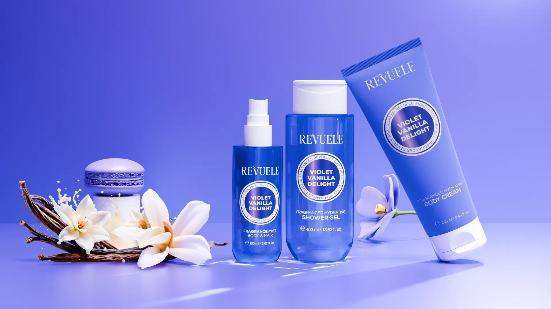 REVUELE Violet Vanilla Delight fragranced trio — fragrance mist, shower gel and body cream