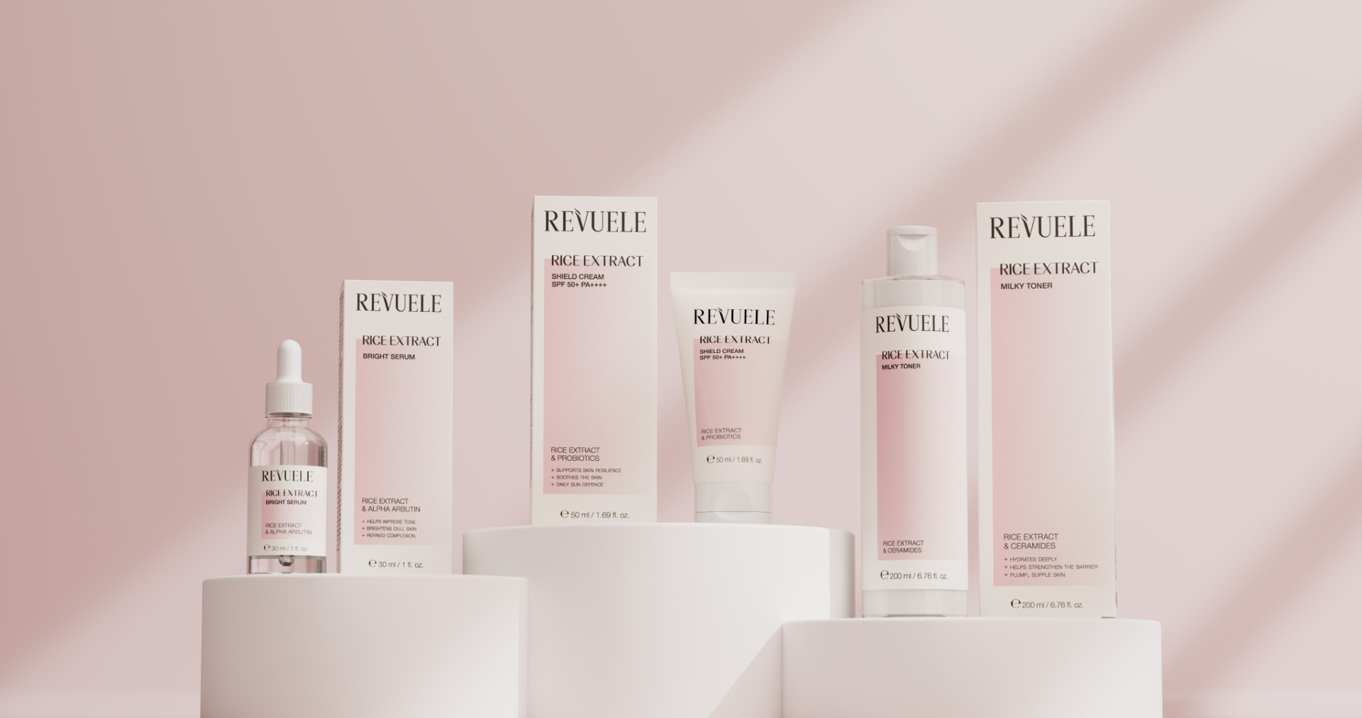 REVUELE Rice Extract line — bright serum, shield cream SPF 50+ and milky toner