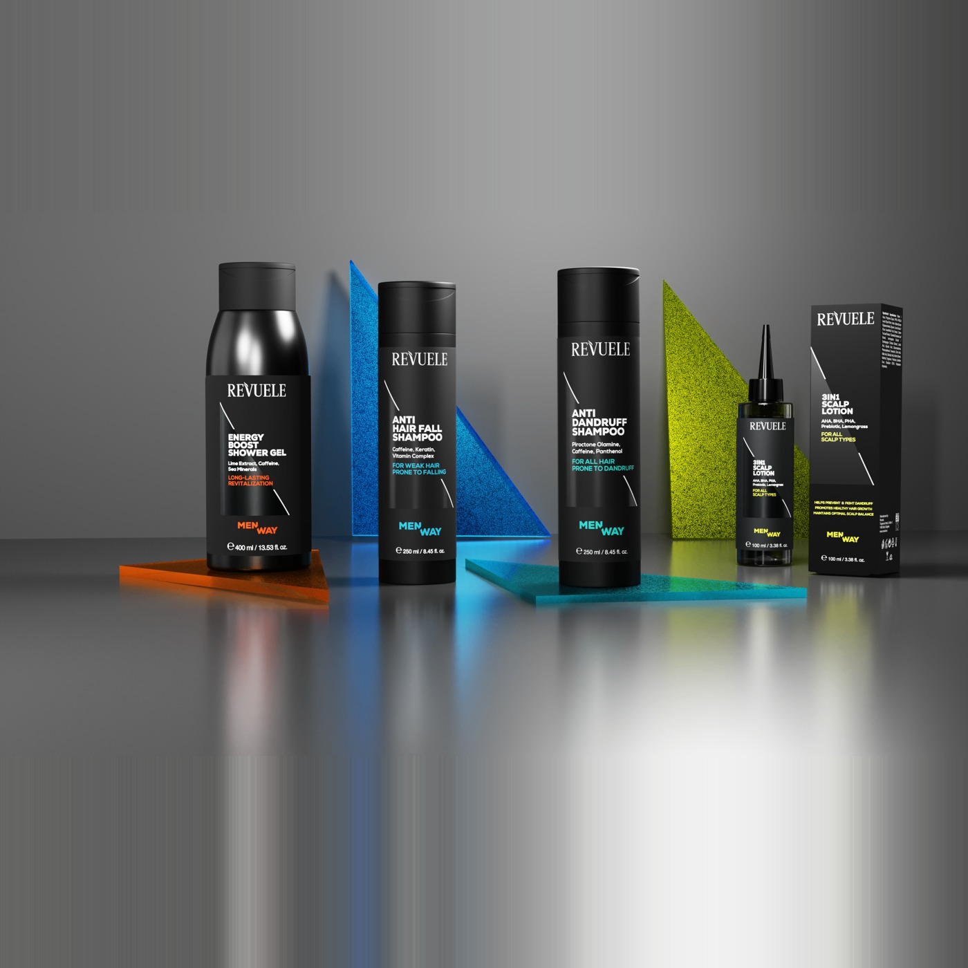 REVUELE MEN WAY men’s hair and body care line