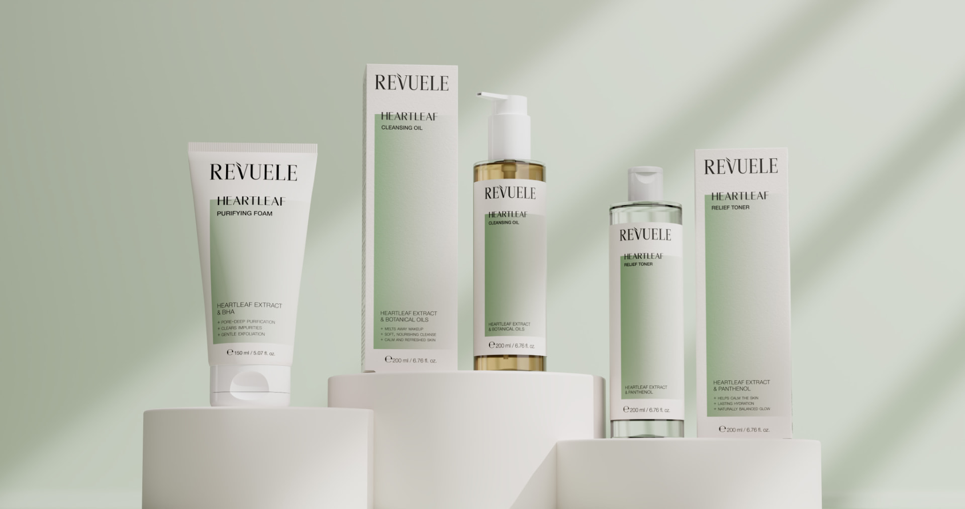 REVUELE Heartleaf line — cleansing oil, purifying foam and relief toner