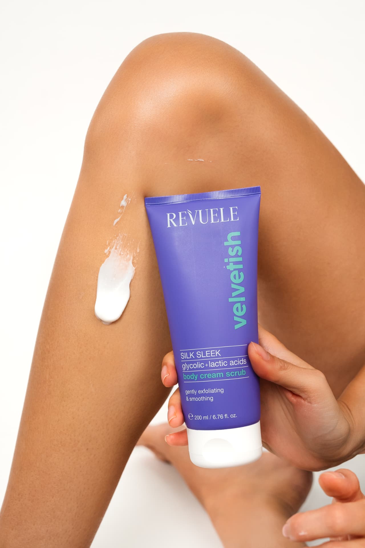 VELVETISH CREAM SCRUBS SILK SLEEK Glycolic + Lactic Acids — packshot in use