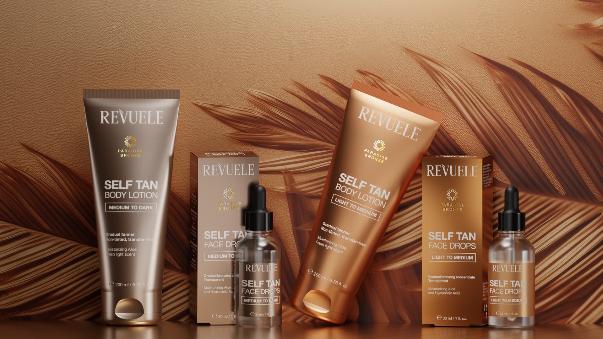 REVUELE SELF TAN Paradise Bronze range — face drops and body lotions