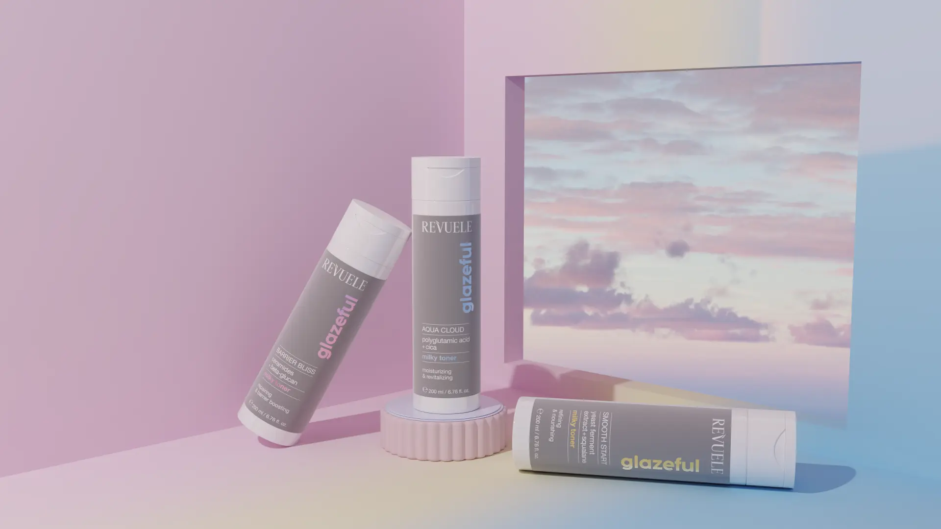 REVUELE glazeful MILKY TONERS campaign visual — Aqua Cloud, Barrier Bliss and Smooth Start