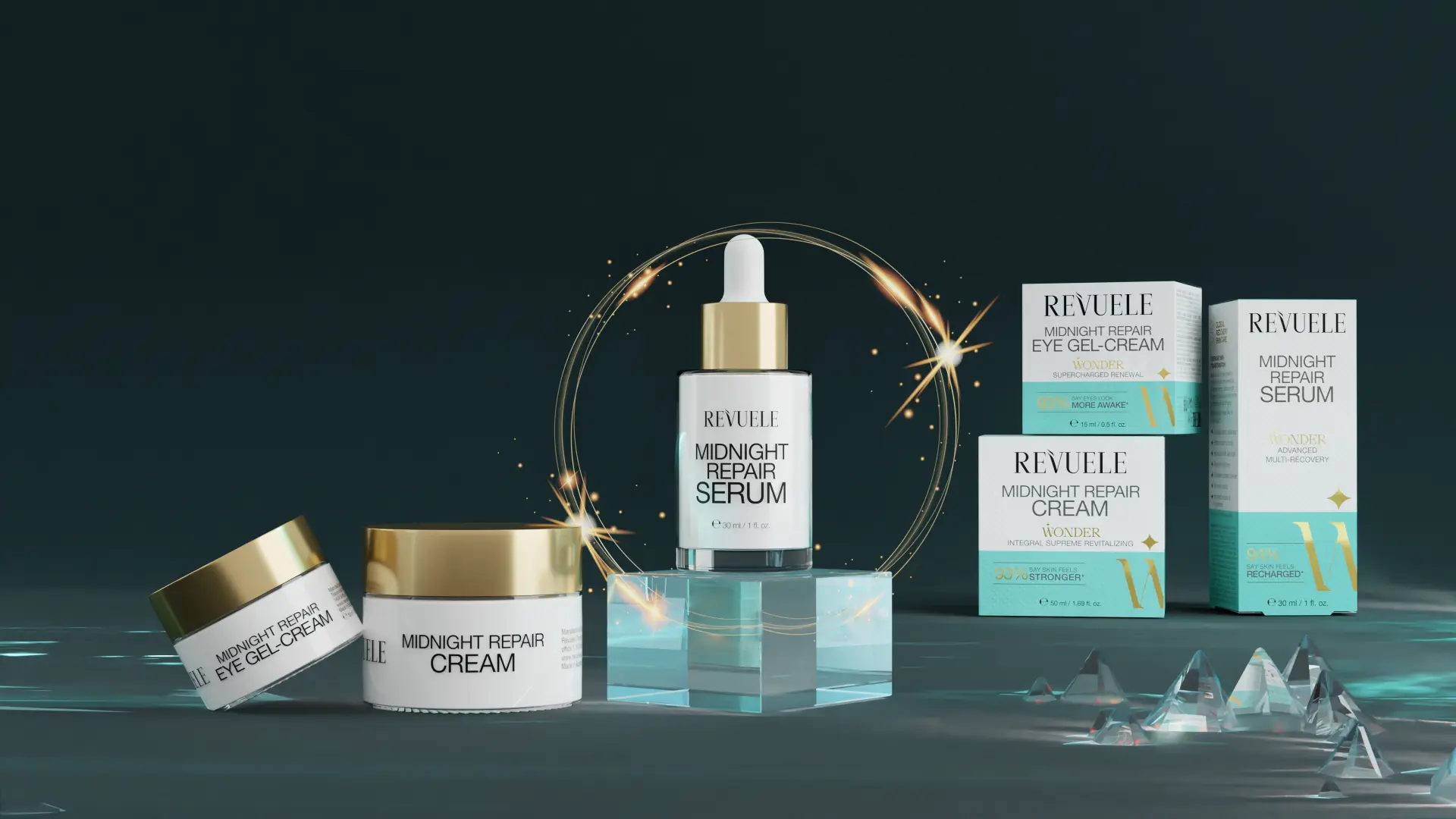 REVUELE WONDER MIDNIGHT REPAIR range — serum, cream and eye gel-cream
