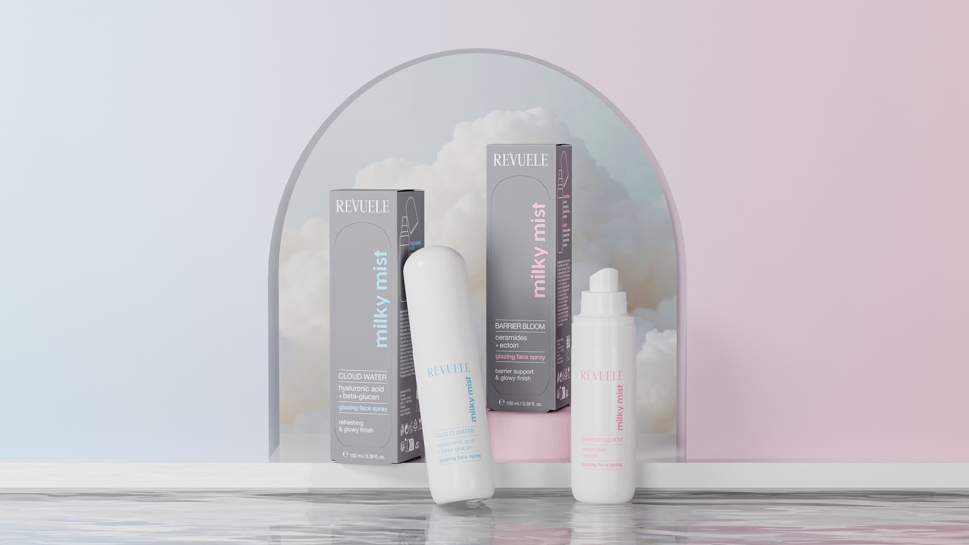 REVUELE MILKY MIST glazing face sprays — Cloud Water and Barrier Bloom