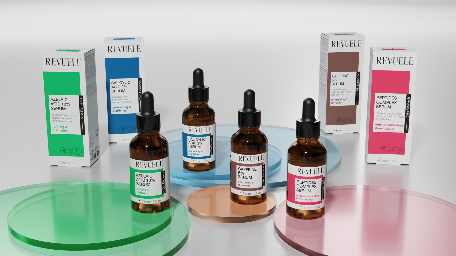 REVUELE Skin Elements Serums — Peptides Complex, Azelaic Acid 10%, Caffeine 5% and Salicylic Acid 2%