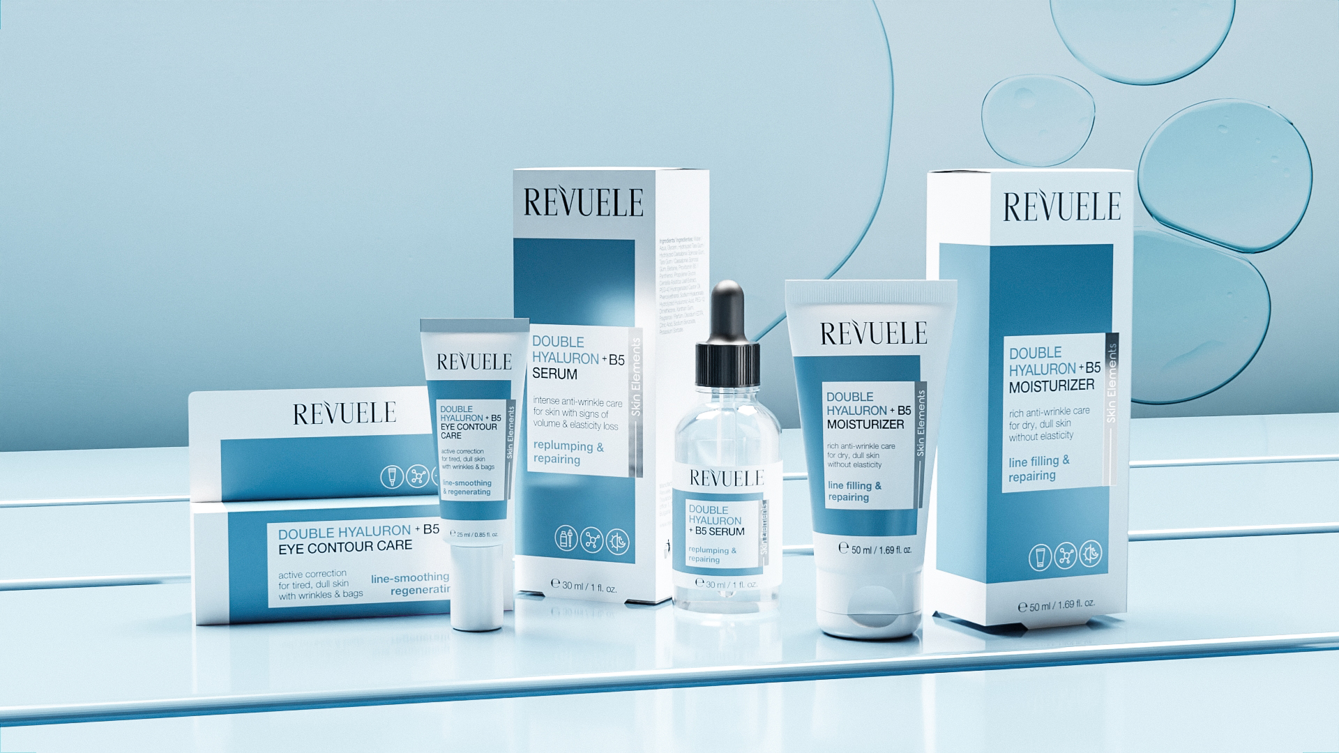 REVUELE Double Hyaluron + B5 line — Serum, Eye Contour Care and Moisturizer