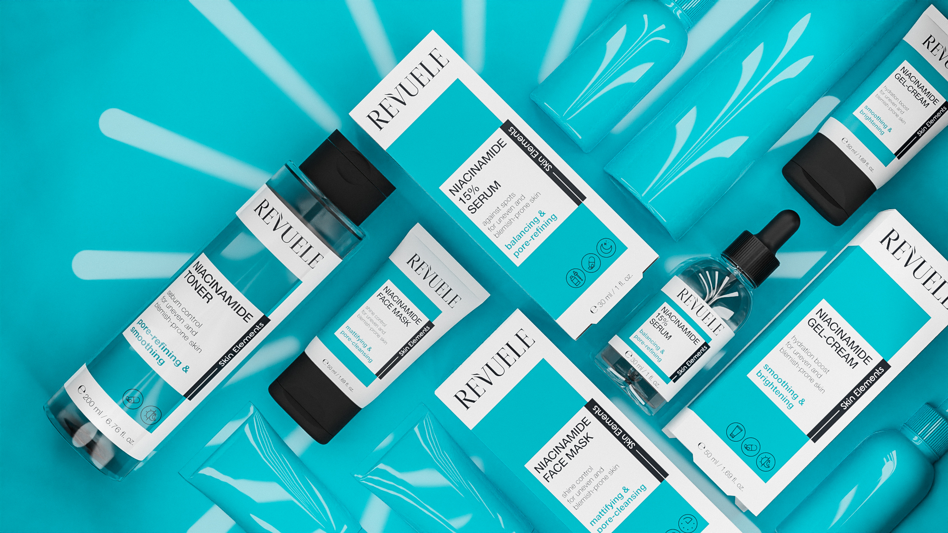 REVUELE Niacinamide line — Toner, 15% Serum, Gel-Cream and Face Mask
