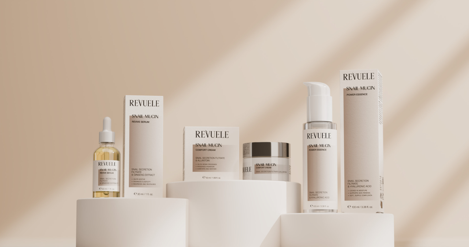REVUELE Snail Mucin line — repair, resilience, deep hydration