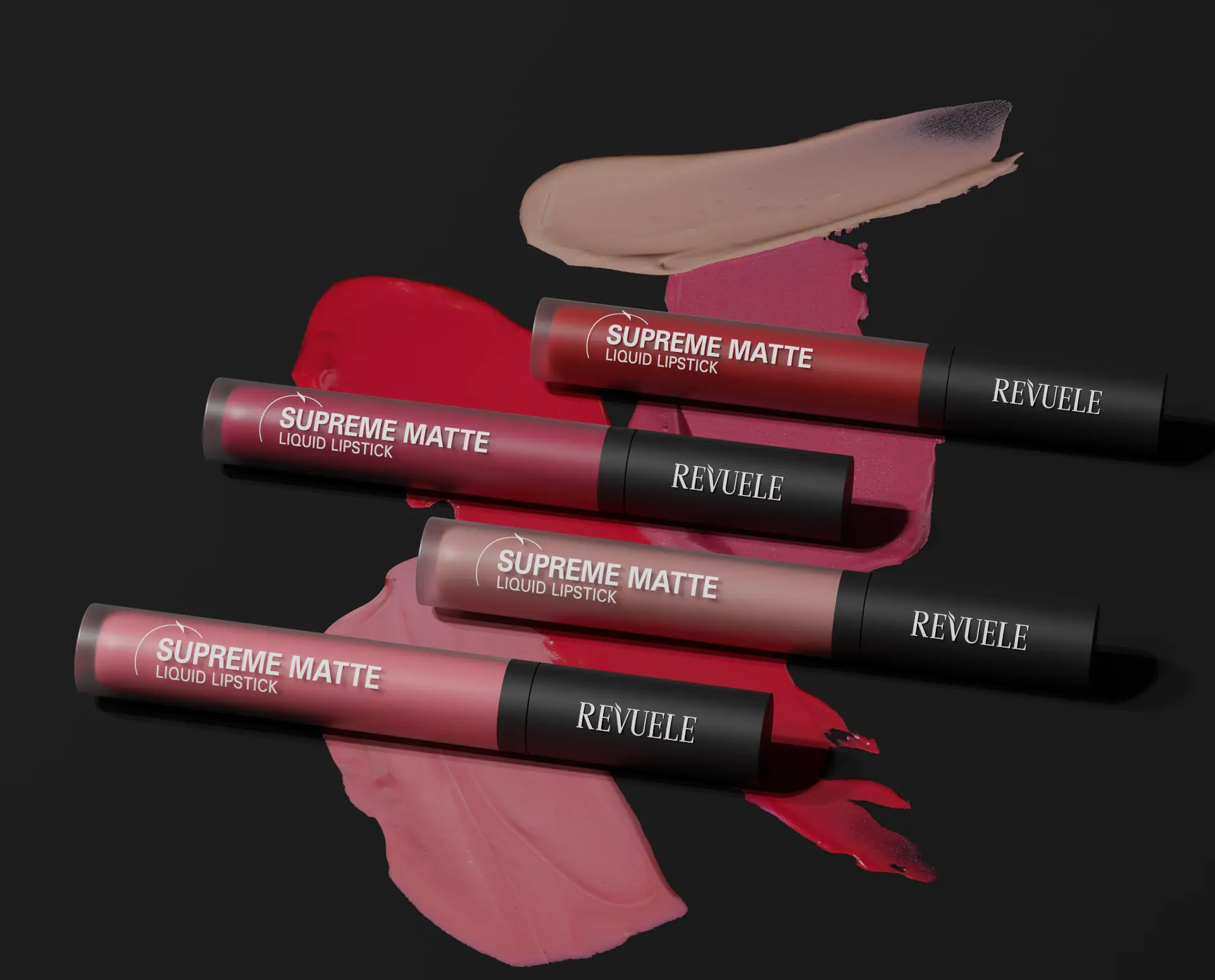 REVUELE Supreme Matte Liquid Lipstick shade range campaign visual