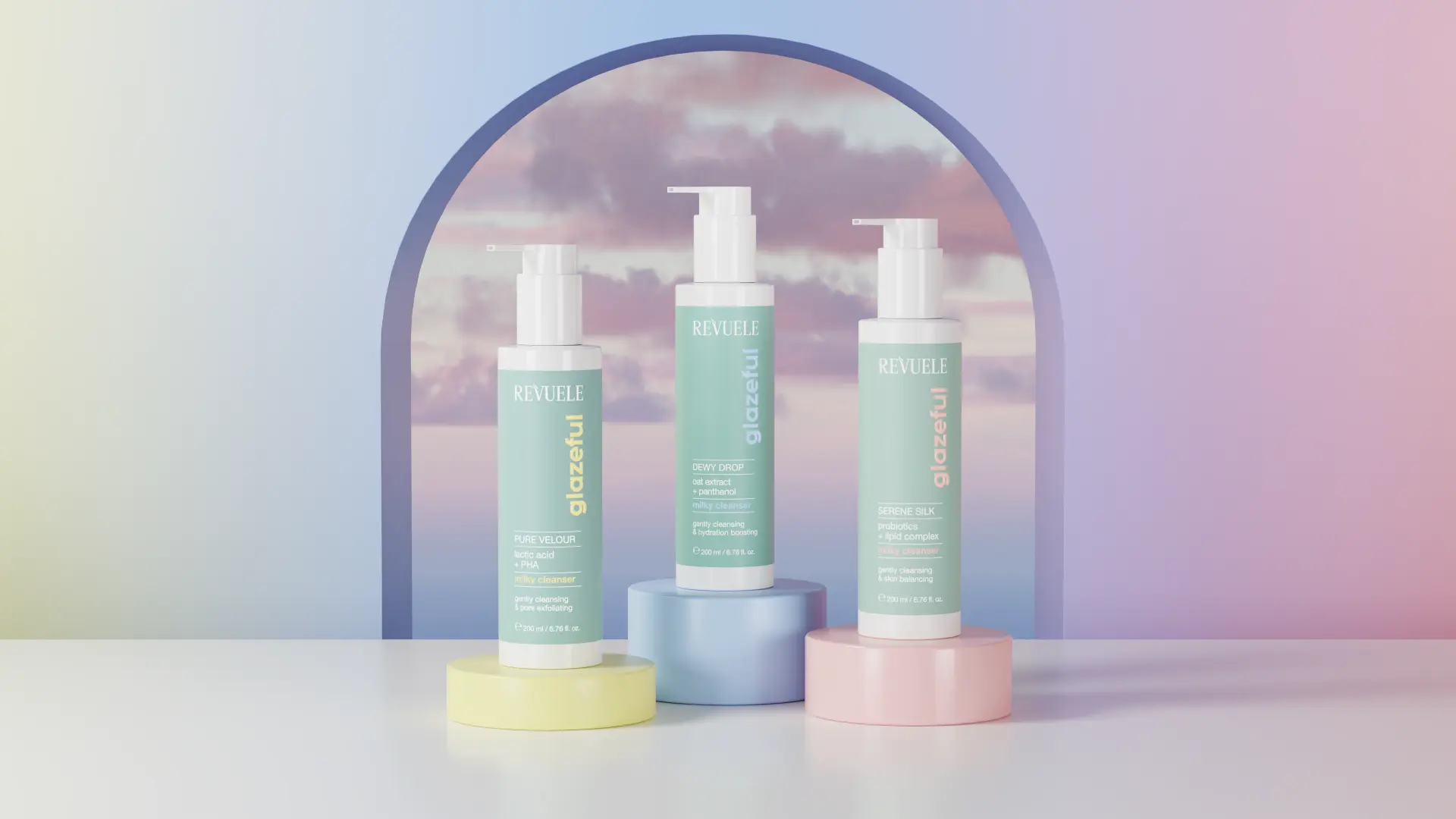 REVUELE glazeful MILKY CLEANSERS campaign visual — Pure Velour, Dewy Drop and Serene Silk
