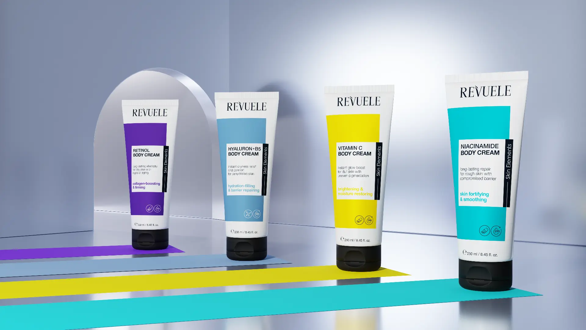 REVUELE Skin Elements body creams — Retinol, Hyaluron + B5, Vitamin C and Niacinamide