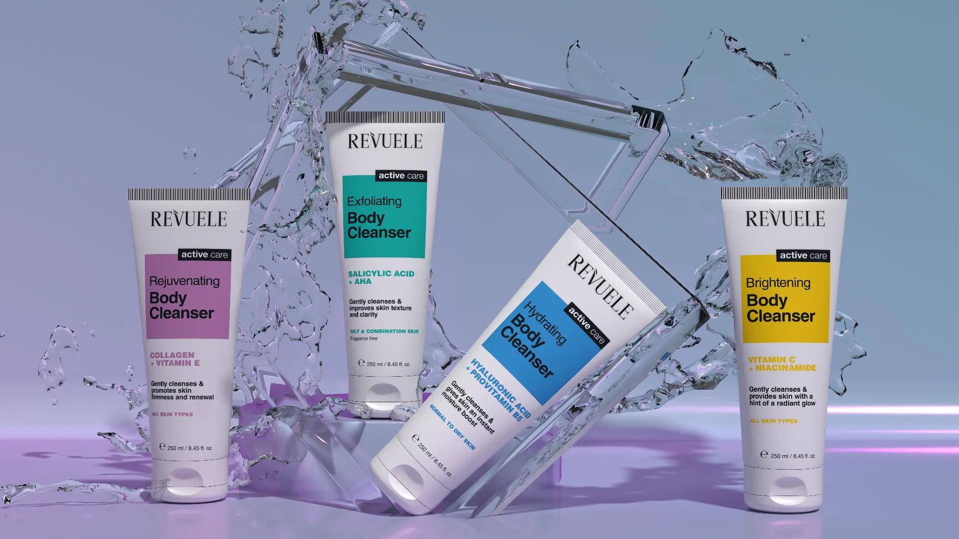 REVUELE active care BODY CLEANSERS — Rejuvenating, Exfoliating, Hydrating and Brightening