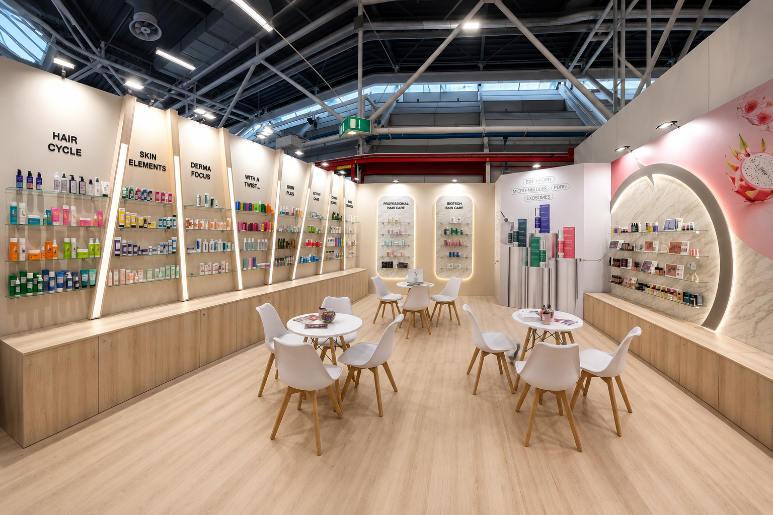 REVUELE exhibition stand with product category displays and meeting lounge