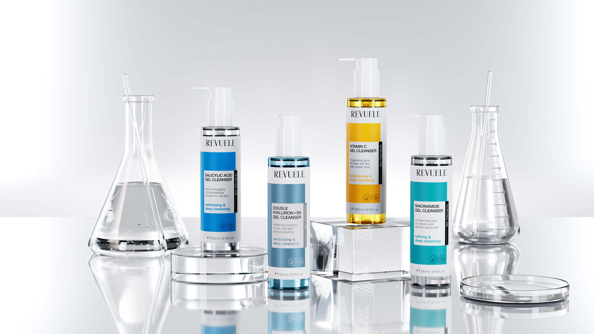REVUELE SKIN ELEMENTS GEL CLEANSERS — Double Hyaluron + B5, Vitamin C, Niacinamide and Salicylic Acid gel cleansers