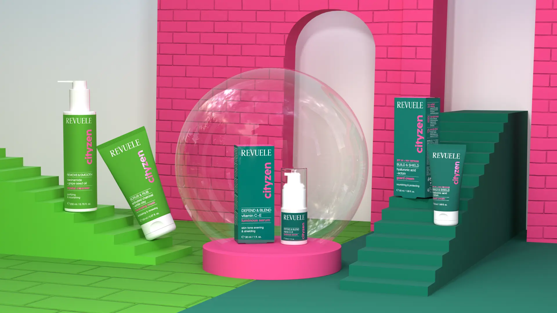 REVUELE CITYZEN line — Crystal Cleanser, Cleansing Mask, Luminous Serum and Guard Cream