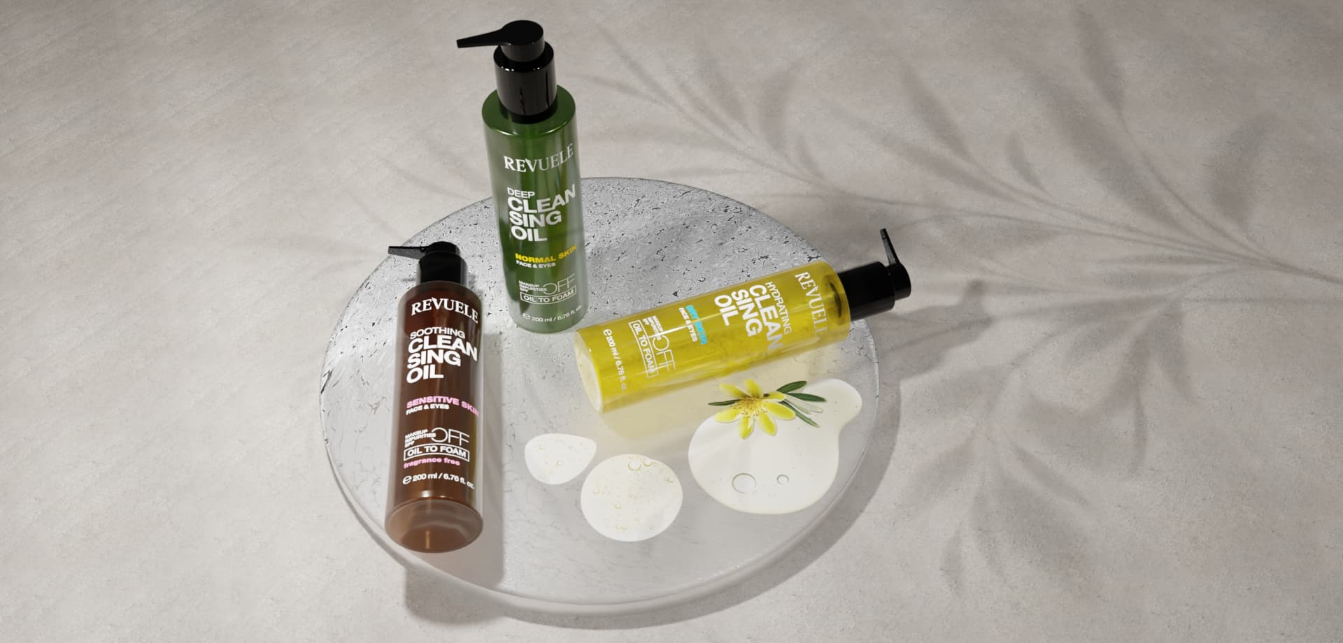 REVUELE CLEANSING OILS campaign visual with the three oil-to-foam cleansers
